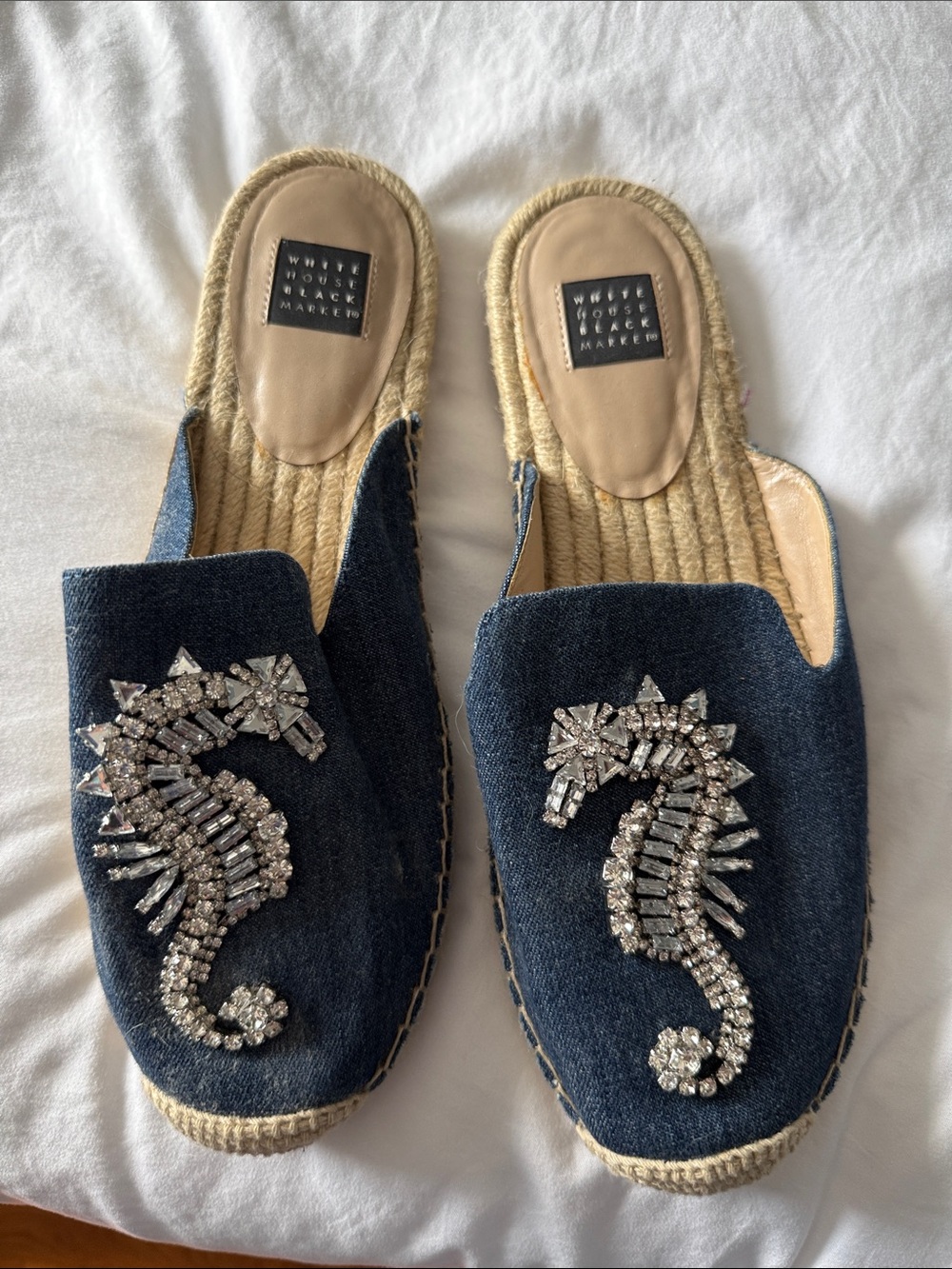 White House Black Market Dark Blue Embellished Seahorse Espadrille Mules